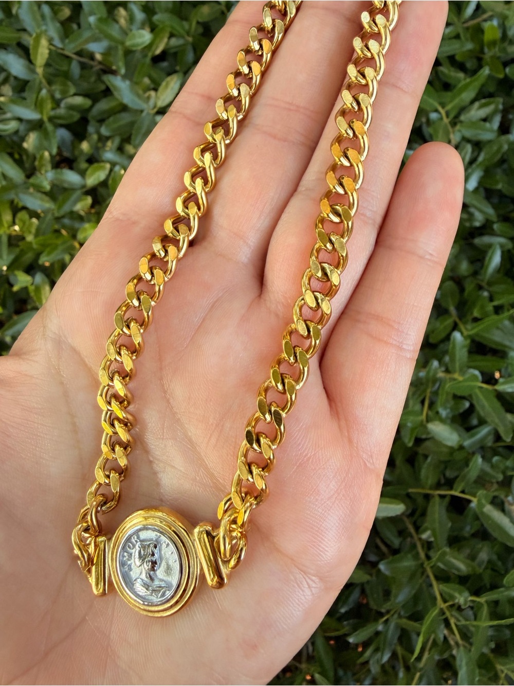 18K Gold Plated Coin Pendant Curb Chain Necklace Cuban Style - Picture 8 of 10